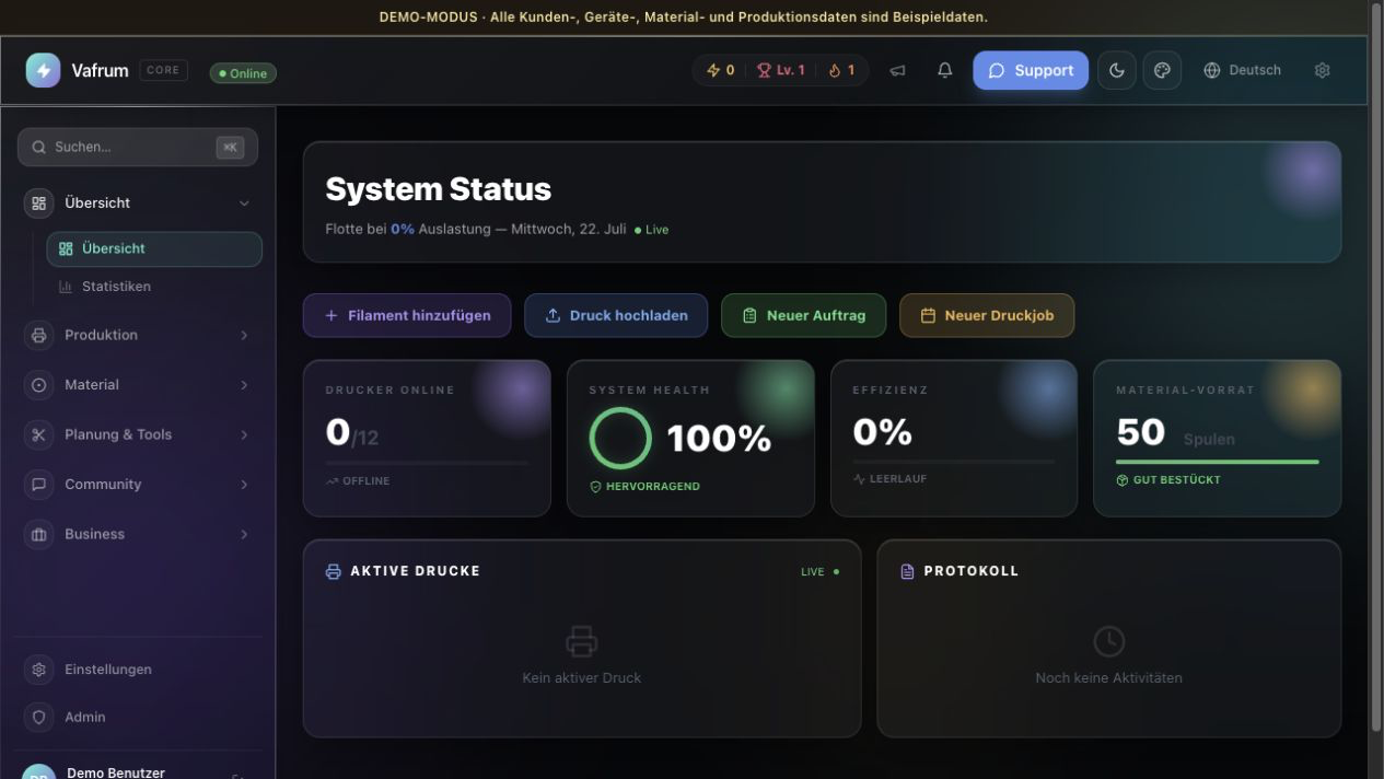 Vafrum Core Dashboard mit Produktionskennzahlen und Auftragsübersicht